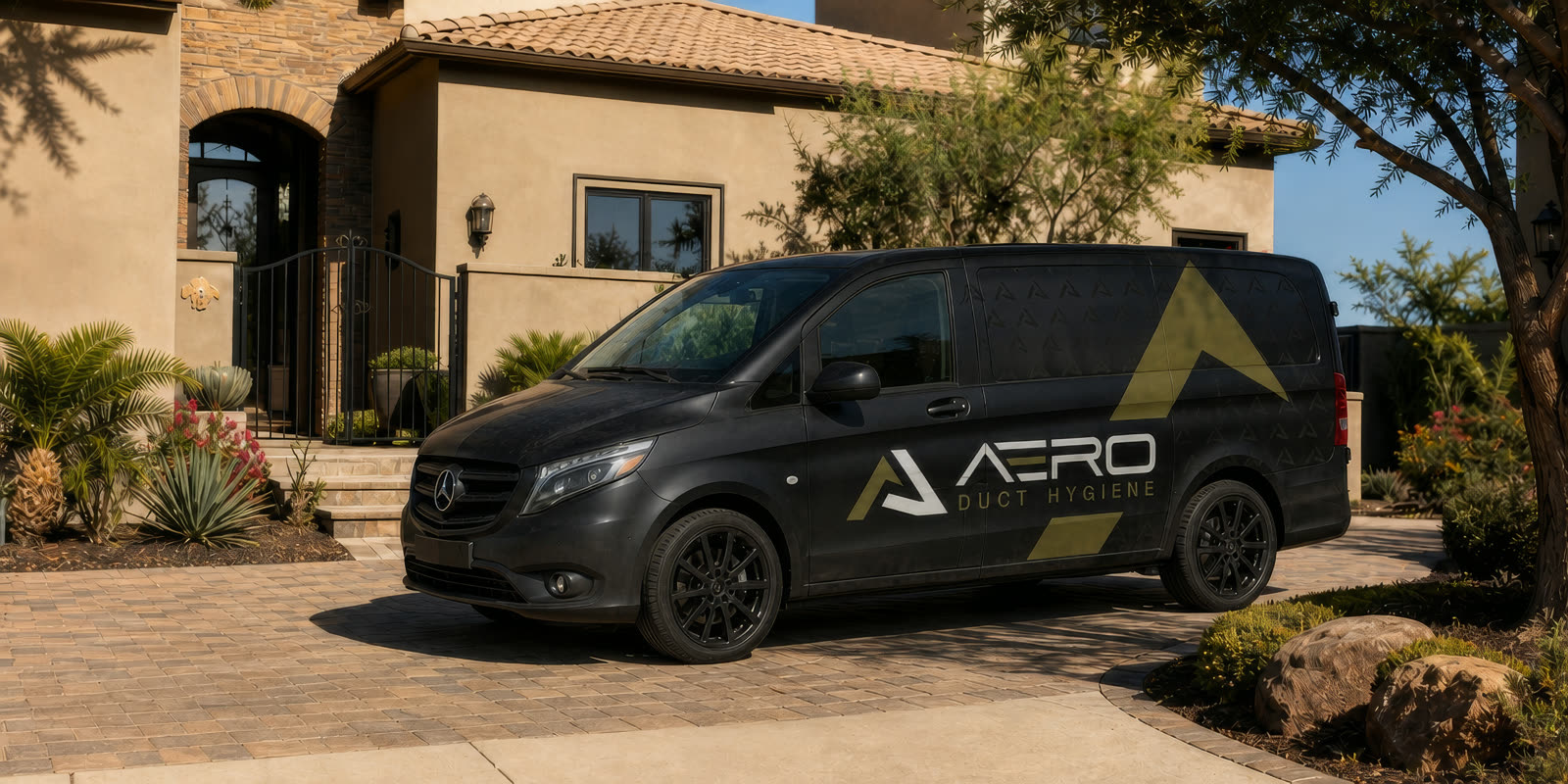 The Aero Duct Hygiene van parked on the driveway of an Arizona home
