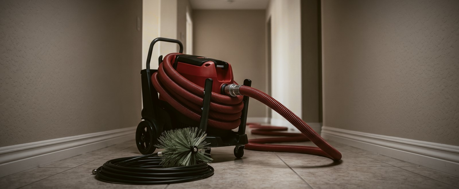 A wheeled duct cleaning machine with a coiled hose and a rotating brush head, standing in the hallway of a home